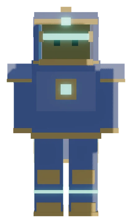 A player in the Founder set: navy armour with gold trim, a glowing teal visor and chest light
