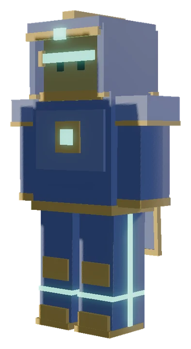 The Founder set from the side: pauldrons, gold knee plates and glowing seams down the legs