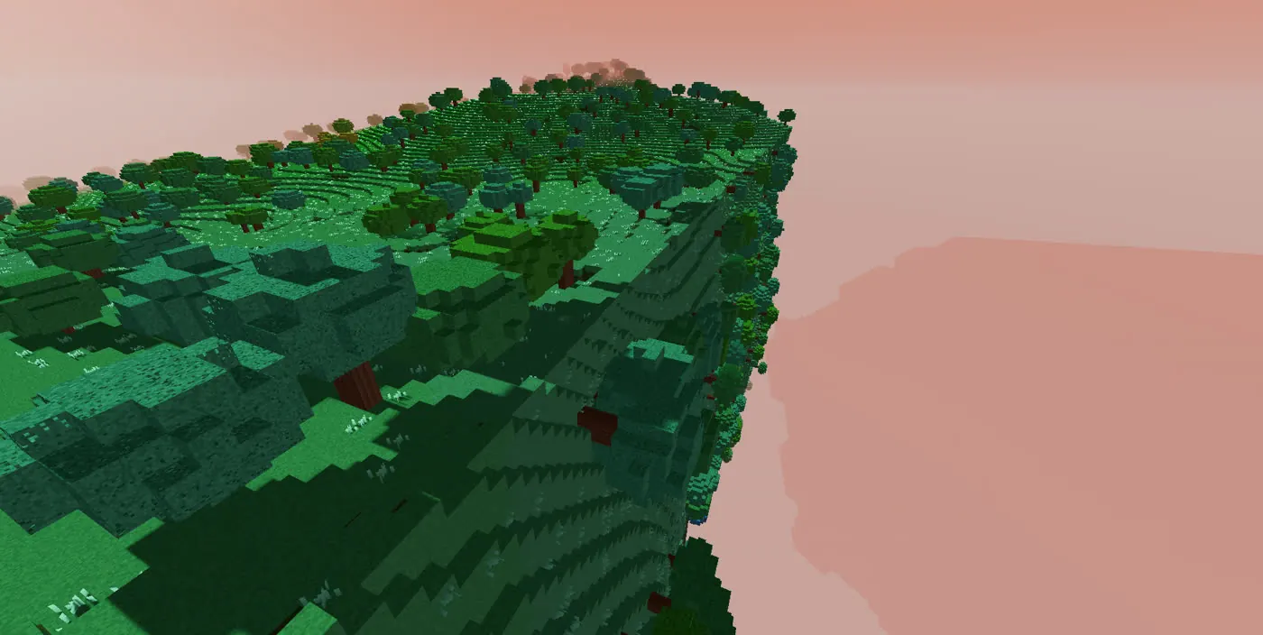 The corner of a cube planet, two forested faces meeting at an edge