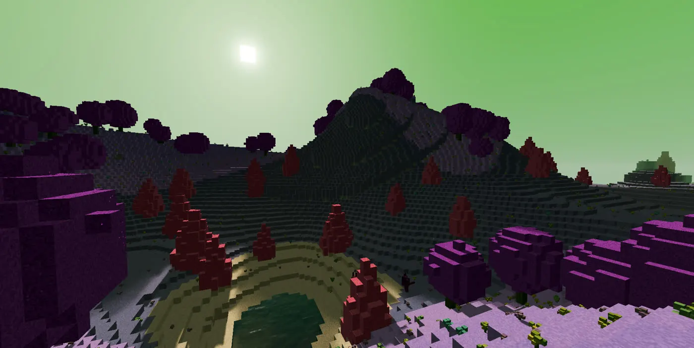 A green sky over violet and red trees