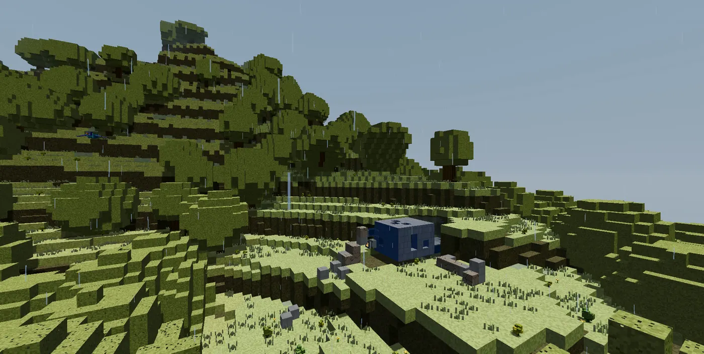 Rain over green hills and the crashed ship