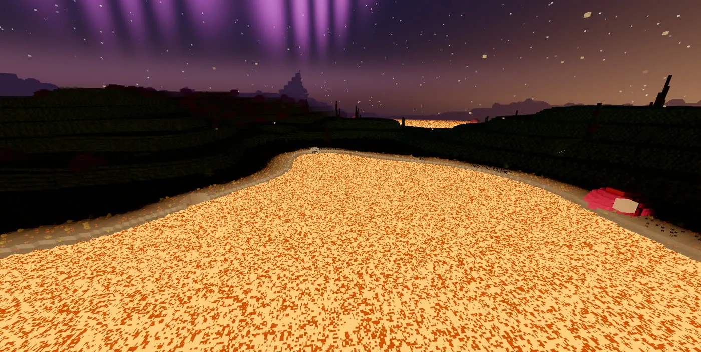 A glowing lava field under a purple aurora